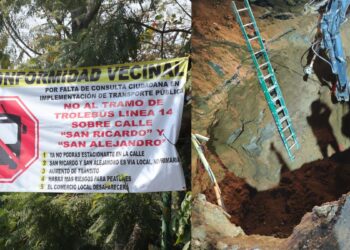 Socavón en la colonia Pedregal de Santa Úrsula cerca del Estadio Azteca por obras del Trolebús Línea 14.