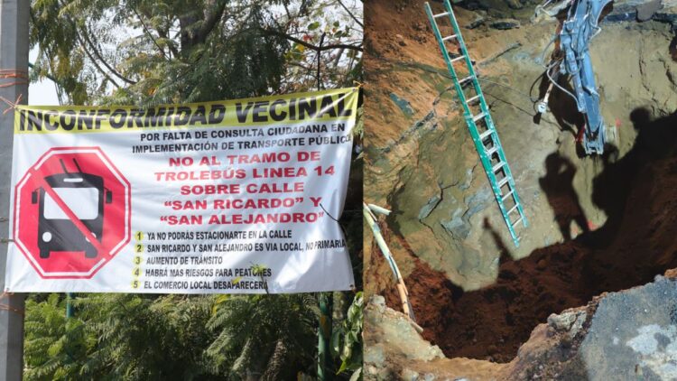 Socavón en la colonia Pedregal de Santa Úrsula cerca del Estadio Azteca por obras del Trolebús Línea 14.