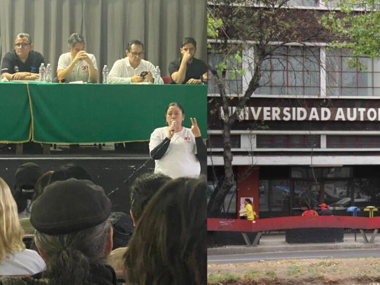 Trabajadores del SUTUACM en asamblea general votando la prórroga de huelga para el 12 de marzo en la Ciudad de México.