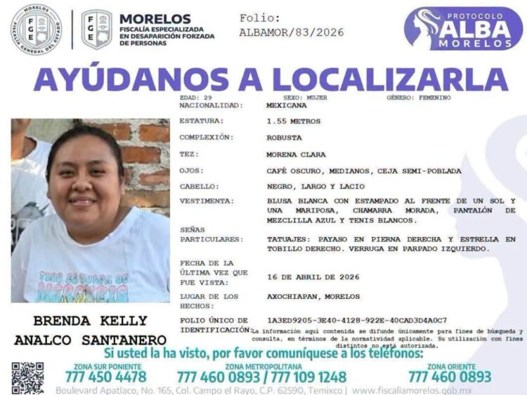 Brenda Kelly Analco. Ficha de búsqueda por desaparición. AMEXI Foto FGE Morelos