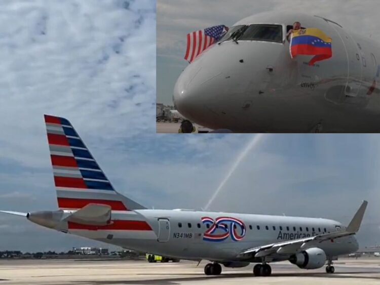 Primer vuelo directo entre la ciudad estadunidense de Miami y Caracas, la capital de Venezuela, en siete años.