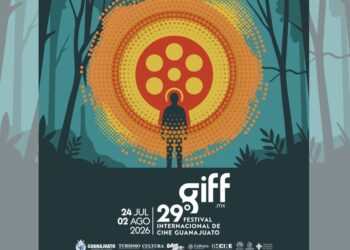 Imagen conceptual del Festival Internacional de Cine Guanajuato con una figura humana frente a un círculo simbólico que representa el origen y el futuro en un entorno abstracto.