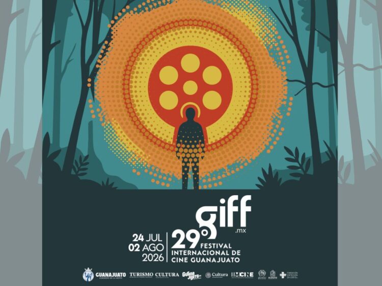 Imagen conceptual del Festival Internacional de Cine Guanajuato con una figura humana frente a un círculo simbólico que representa el origen y el futuro en un entorno abstracto.