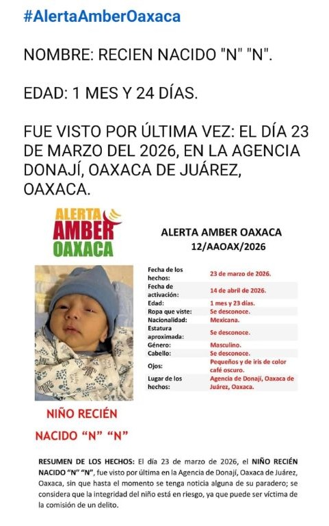 Alerta Amber. Ficha de búsqueda de bebé desaparecido en Oaxaca. AMEXI/ Foto: Fiscalía de Oaxaca