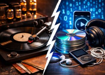 Disco de vinilo reproduciéndose en un tocadiscos, símbolo del resurgimiento del formato analógico frente al audio digital.