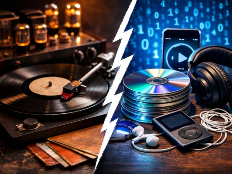 Disco de vinilo reproduciéndose en un tocadiscos, símbolo del resurgimiento del formato analógico frente al audio digital.