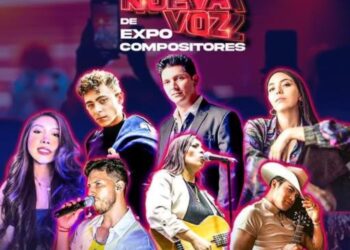 Participantes del concurso “Buscando la Nueva Voz de Expo Compositores” durante una presentación en vivo en la Ciudad de México, acompañados por el cantautor Miguel Luna.