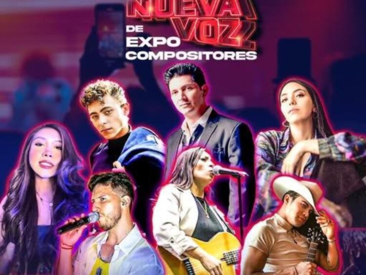 Participantes del concurso “Buscando la Nueva Voz de Expo Compositores” durante una presentación en vivo en la Ciudad de México, acompañados por el cantautor Miguel Luna.