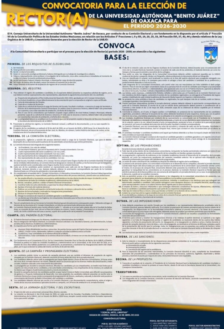 Con la publicación de la convocatoria electoral en la Universidad Autónoma “Benito Juárez” de Oaxaca (UABJO) arranca de manera formal el proceso para elegir al titular de la Rectoría.