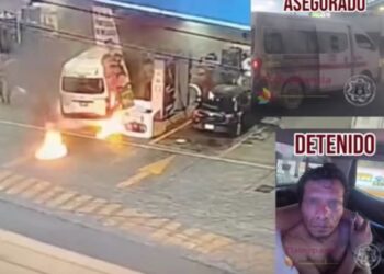 Detienen a hombre tras incendiar combi en gasolinera de Tlalnepantla