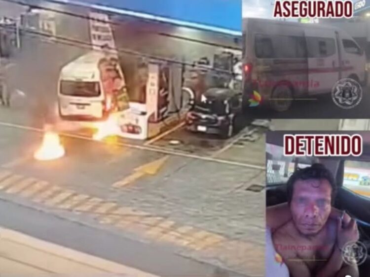 Detienen a hombre tras incendiar combi en gasolinera de Tlalnepantla