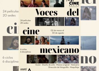 Cartel del ciclo Voces del cine mexicano dedicado al diseño de vestuario, con imágenes de películas nacionales y diseñadoras participantes.