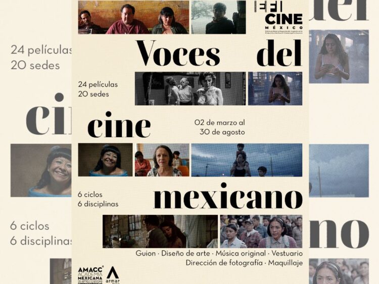 Cartel del ciclo Voces del cine mexicano dedicado al diseño de vestuario, con imágenes de películas nacionales y diseñadoras participantes.