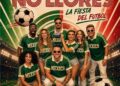 Integrantes de Déjàvu Retro Show durante la presentación de “Canta y No Llores, La Fiesta del Fútbol”, tema inspirado en el Mundial 2026.