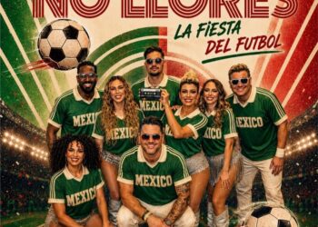 Integrantes de Déjàvu Retro Show durante la presentación de “Canta y No Llores, La Fiesta del Fútbol”, tema inspirado en el Mundial 2026.