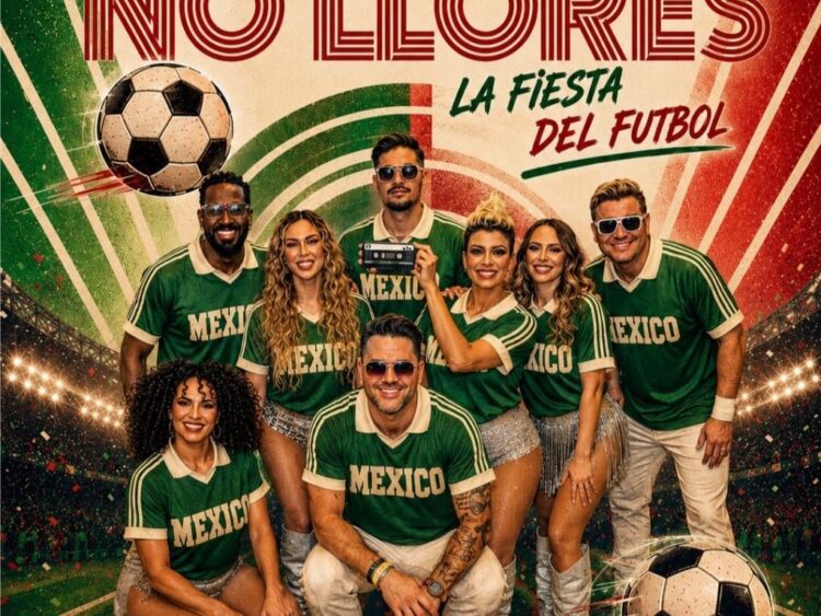 Integrantes de Déjàvu Retro Show durante la presentación de “Canta y No Llores, La Fiesta del Fútbol”, tema inspirado en el Mundial 2026.
