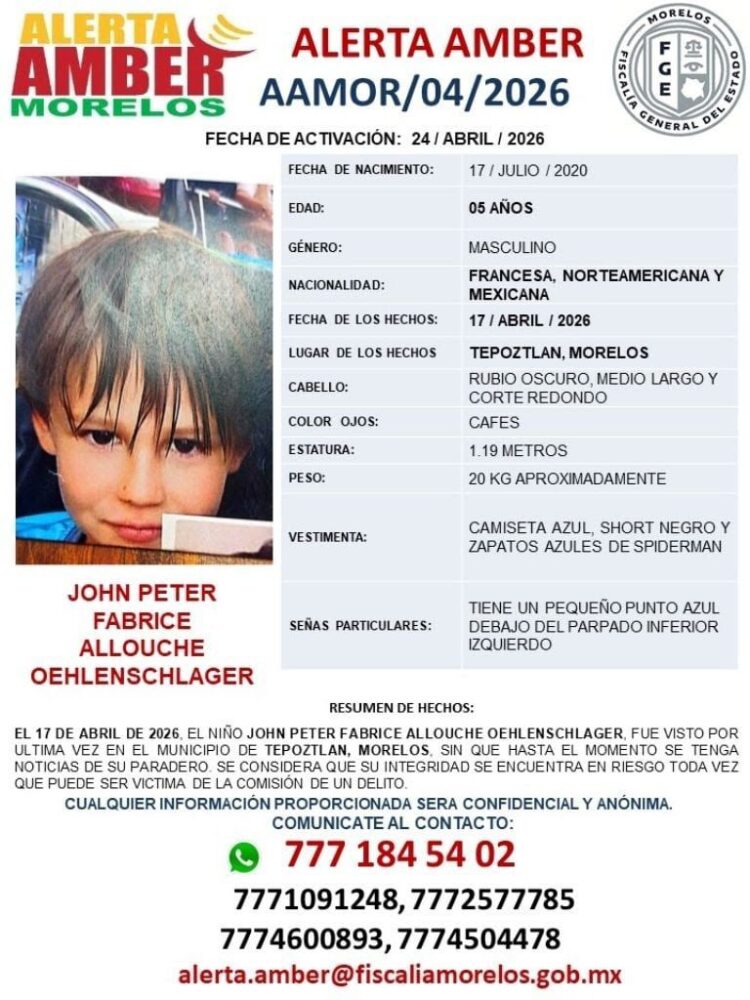 Interpol activa ficha amarilla para localizar a niño desaparecido en Morelos