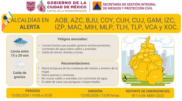Activan alerta amarilla por lluvias fuertes y granizo en la Ciudad de México