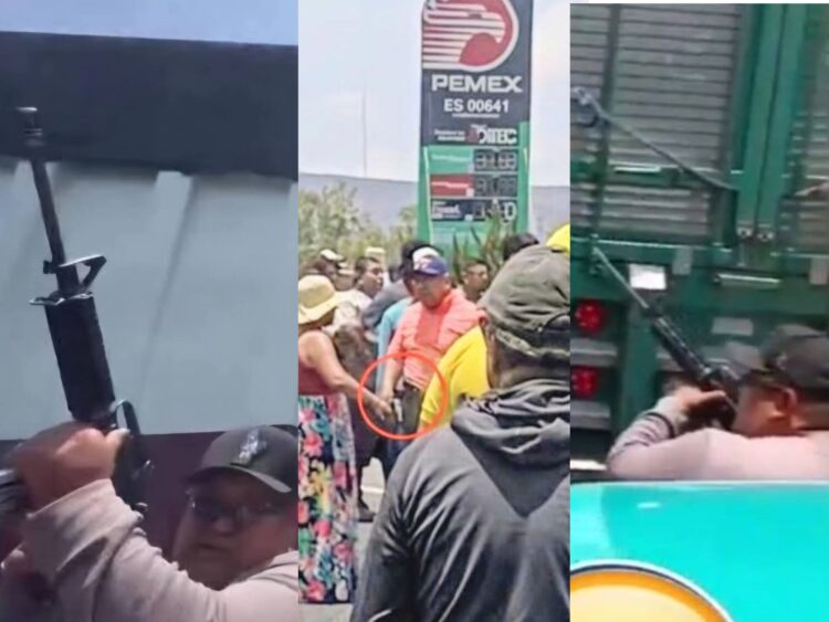Hombres armados durante agresión contra maestros de la CNTE en bloqueo carretero en Mitla, Oaxaca.