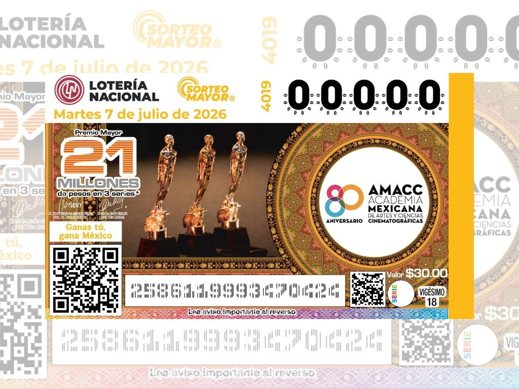 Olivia Salomón, directora general de la Lotería Nacional, junto con Daniel Hidalgo, presidente de la AMACC, la actriz Dolores Heredia y el actor Juan Manuel Bernal, muestran el billete conmemorativo del Sorteo Mayor No. 4019 dedicado al 80 aniversario de la Academia Mexicana de Artes y Ciencias Cinematográficas.