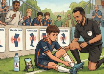 Jugadores aficionados disputan un partido de futbol en una cancha recreativa mientras realizan movimientos que pueden provocar lesiones de tobillo, rodilla o musculares.