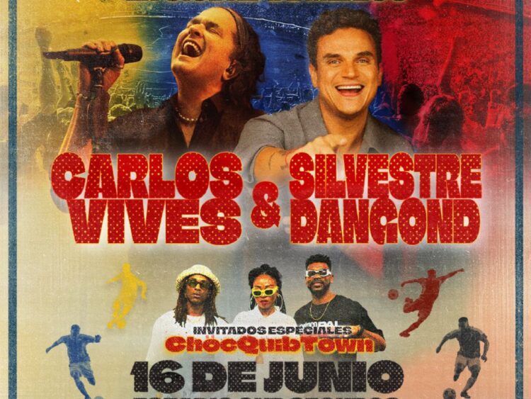 Los artistas colombianos Carlos Vives y Silvestre Dangond se presentan ante miles de asistentes durante un concierto lleno de música latina, acompañados por ChocQuibTown en una celebración inspirada en el ambiente mundialista