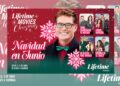 Imagen promocional de Lifetime Christmas Movies con escenas navideñas, decoraciones festivas y protagonistas de comedias románticas ambientadas en Navidad.