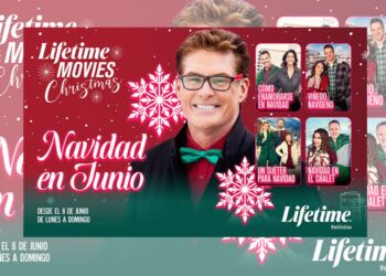 Imagen promocional de Lifetime Christmas Movies con escenas navideñas, decoraciones festivas y protagonistas de comedias románticas ambientadas en Navidad.