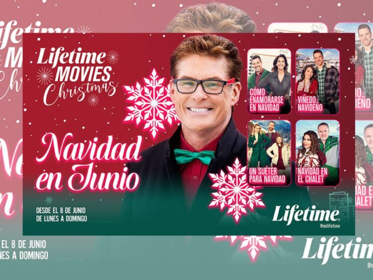 Imagen promocional de Lifetime Christmas Movies con escenas navideñas, decoraciones festivas y protagonistas de comedias románticas ambientadas en Navidad.