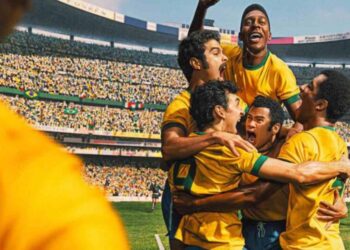 Aficionado observa en televisión imágenes históricas de Copas del Mundo y documentales sobre leyendas del futbol.