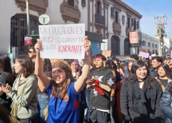Universitaria chilena muestra un cartel contra la disminución del presupuesto para educación.