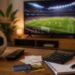 Escritorio con balón de futbol y pantalla al fondo transmitiendo un partido en televisión