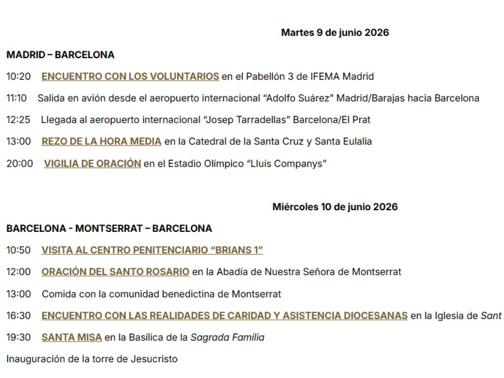 Programa de actividades de León XIV martes y miércoles