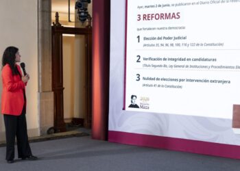 Luisa María Alcalde confirma la entrada en vigor de la reforma al Poder Judicial, en la Mañanera del Pueblo del 3 de junio de 2026. Presidencia