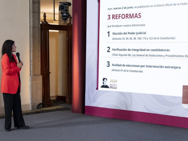 Luisa María Alcalde confirma la entrada en vigor de la reforma al Poder Judicial, en la Mañanera del Pueblo del 3 de junio de 2026. Presidencia