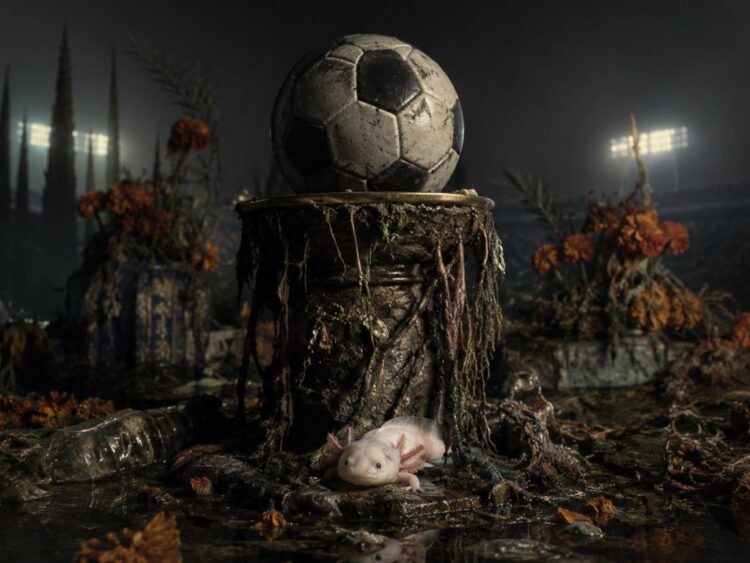 Balón. Ofrenda Sombría en un estadio desolado. Foto de Iris Bringas en IA