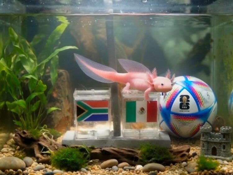 Paco el ajolote aparece junto a las banderas de México y Sudáfrica durante una predicción viral relacionada con el torneo de 2026.