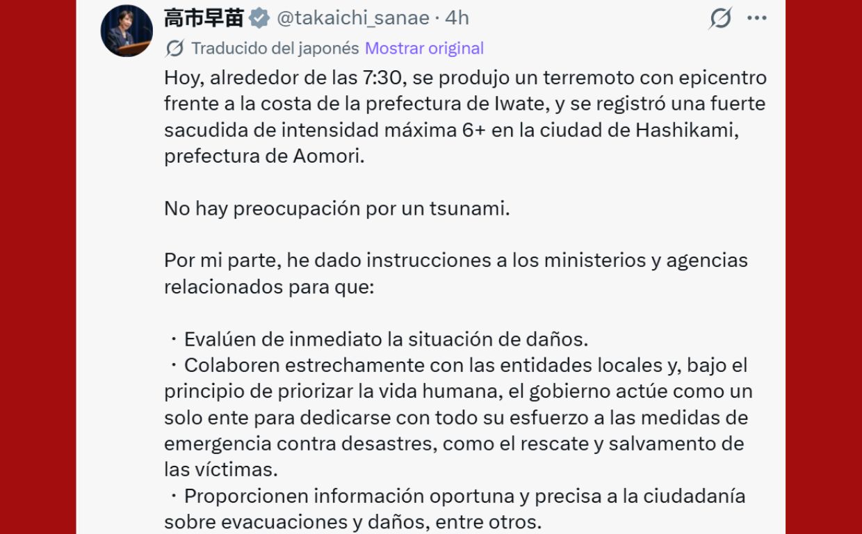 Informe de la primera ministra de Japón, Sanae Takaichi, sobre el temblor ocurrido este miércoles.