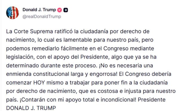 Mensaje de Donald Trump sobre fallo de la Corte Suprema.