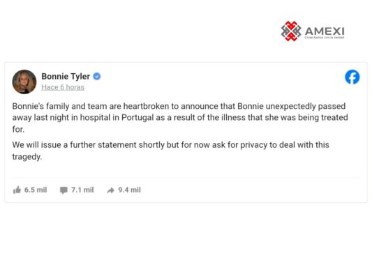 Familia anuncia muerte de Bonnie Tyler a los 75 años en Portugal. | AMEXI/FOTO: FBBonnie Tyler
