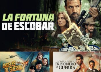 Cartel promocional de los estrenos de julio de Adrenalina Pura+, con las películas Ángeles de guerra, Prisionero de guerra y otros títulos de acción y suspenso.