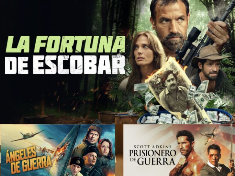 Cartel promocional de los estrenos de julio de Adrenalina Pura+, con las películas Ángeles de guerra, Prisionero de guerra y otros títulos de acción y suspenso.