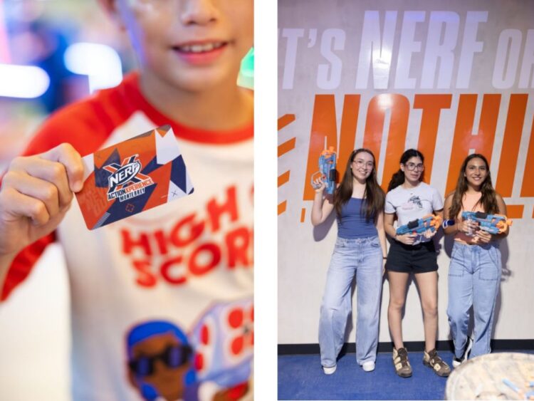 Jugadores participan en una batalla con blasters dentro de la NERF Arena, principal atracción de NERF AX, el nuevo centro de entretenimiento inmersivo que abrirá en Monterrey.