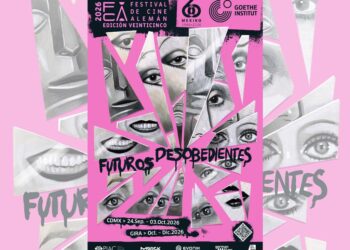 Imagen promocional de la edición 25 del Festival de Cine Alemán, dedicada a Futuros Desobedientes, con una ilustración creada por la artista mexicana Mónica Loya inspirada en el expresionismo alemán y la estética punk.