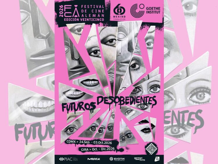 Imagen promocional de la edición 25 del Festival de Cine Alemán, dedicada a Futuros Desobedientes, con una ilustración creada por la artista mexicana Mónica Loya inspirada en el expresionismo alemán y la estética punk.