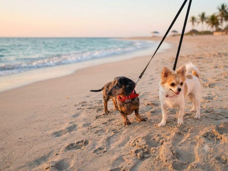 Persona pasea con su perro frente al Malecón de Mazatlán, uno de los espacios pet friendly que el destino ofrece para disfrutar las vacaciones de verano junto a las mascotas.