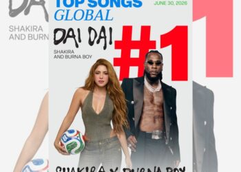 Shakira durante una presentación de “Dai Dai”, el tema oficial del Mundial 2026, que encabeza las listas globales de Spotify y Billboard junto a Burna Boy.