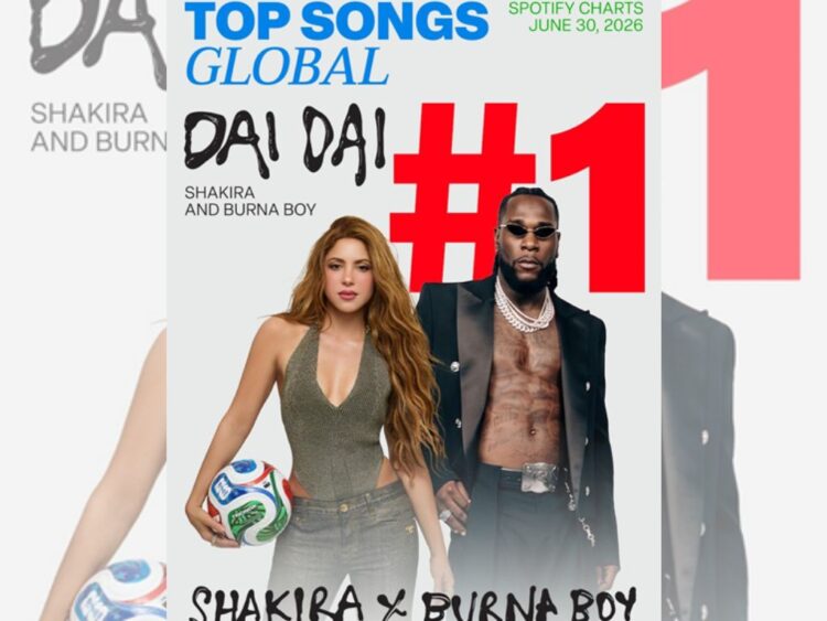 Shakira durante una presentación de “Dai Dai”, el tema oficial del Mundial 2026, que encabeza las listas globales de Spotify y Billboard junto a Burna Boy.