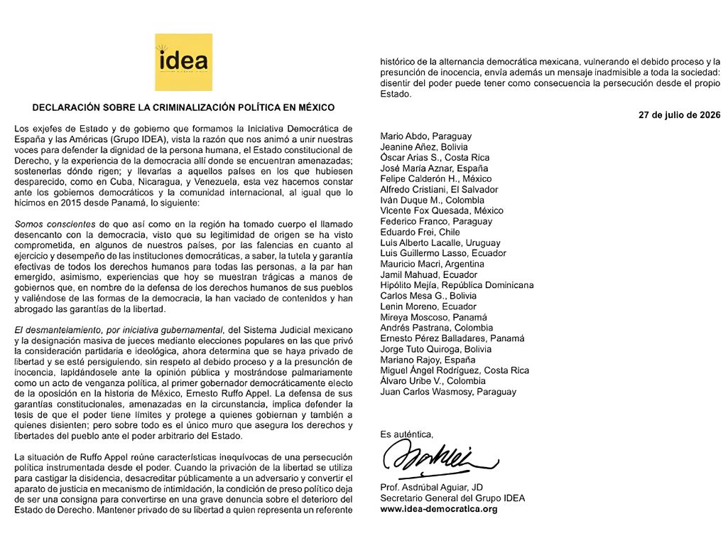 Caso Ernesto Ruffo Appel. Declaración de IDEA