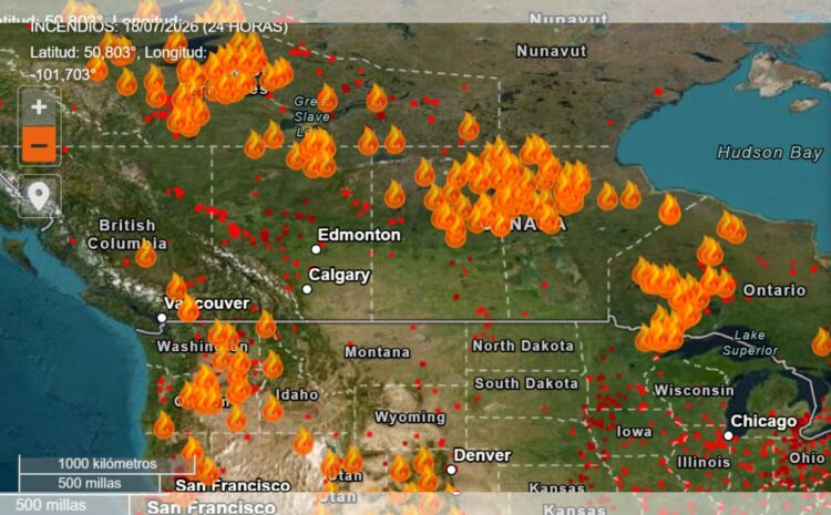 Estados Unidos y Canadá sufren este viernes, en conjunto, 965 incendios forestales.